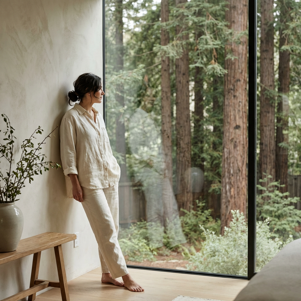Woman standing by a large window with a forest view