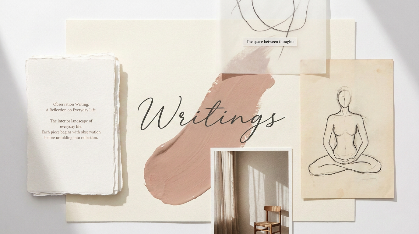 Naturalist Way Writings mood board with line drawings and sunlit room with chair