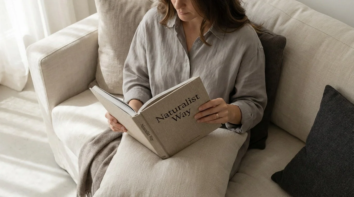 Woman sitting on sofa holding Naturalist Way book