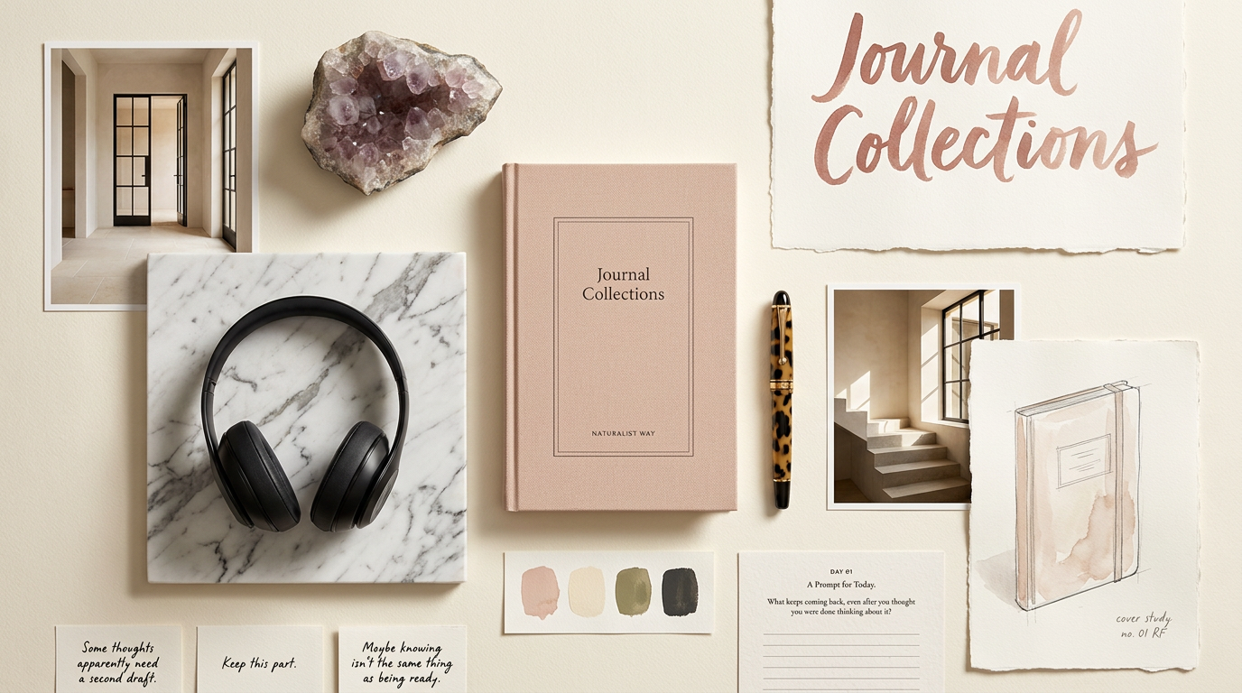 Naturalist Way Journal Collections mood board with Journal Collections book, amethyst geode, fountain pen, and a daily writing prompt