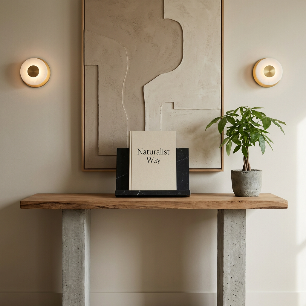 Naturalist Way writings displayed on a wooden console table with framed artwork