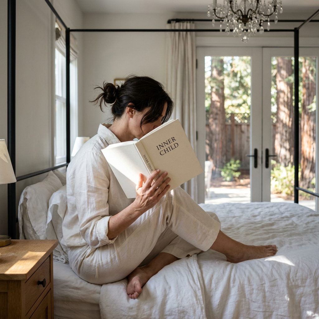 Naturalist Way photo of a woman sitting on a bed reading a book titled Inner Child