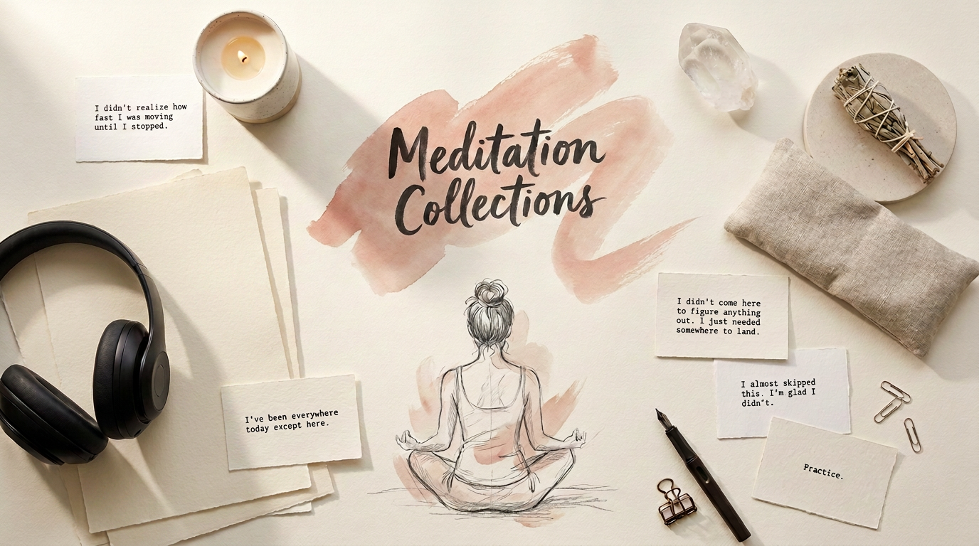 Naturalist Way Meditation Collections mood board with illustration of Raychel Fox, founder, seated meditating, candle, and journal cards
