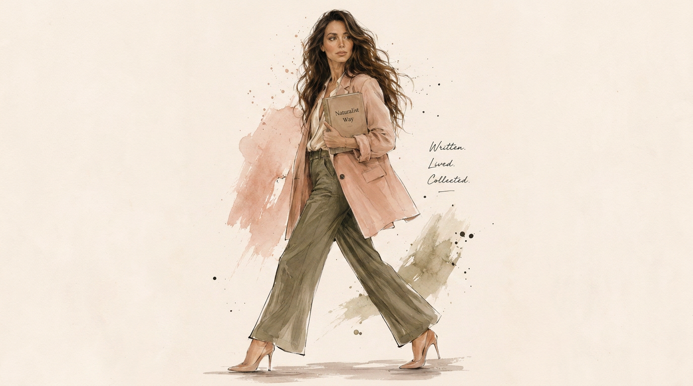 Naturalist Way illustration of Raychel Fox, founder, walking while holding the Naturalist Way journal