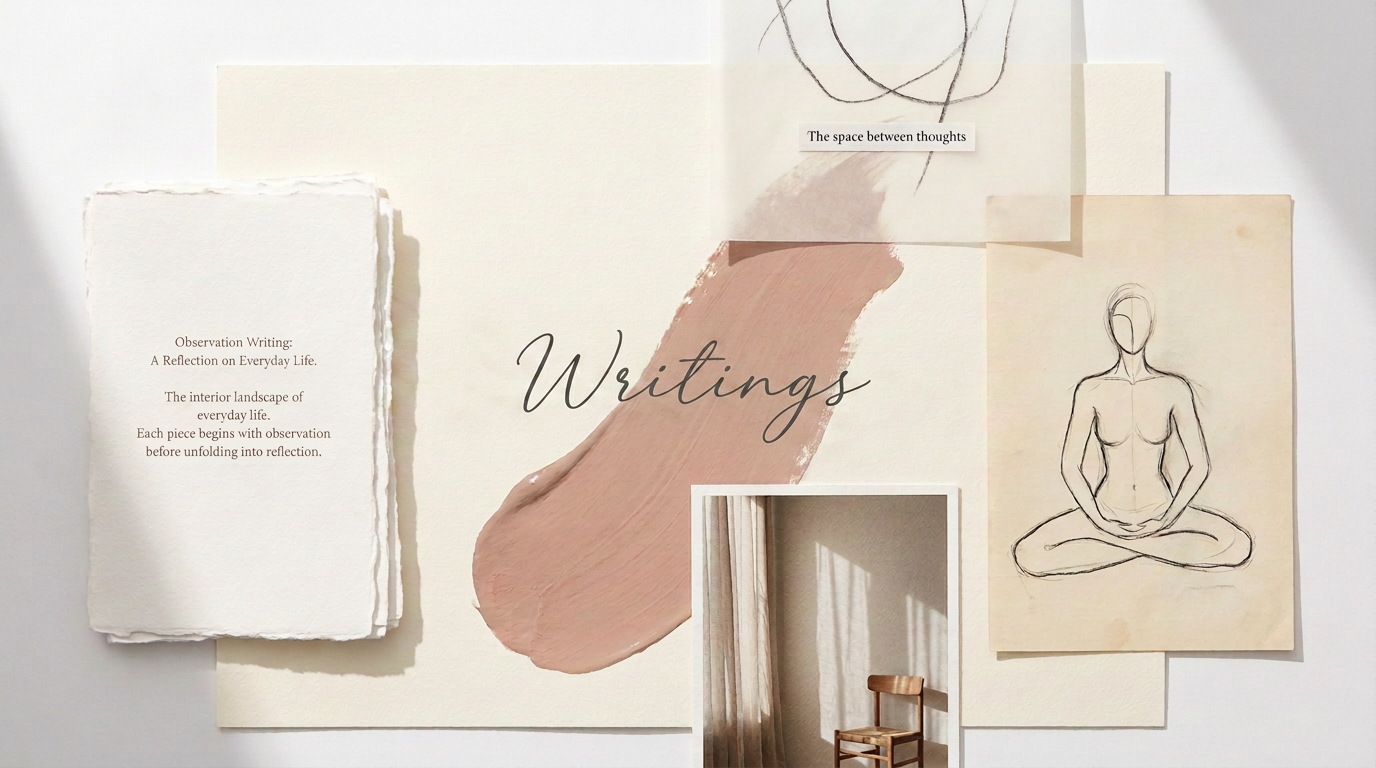 Naturalist Way Writings mood board with line drawings and sunlit room with chair