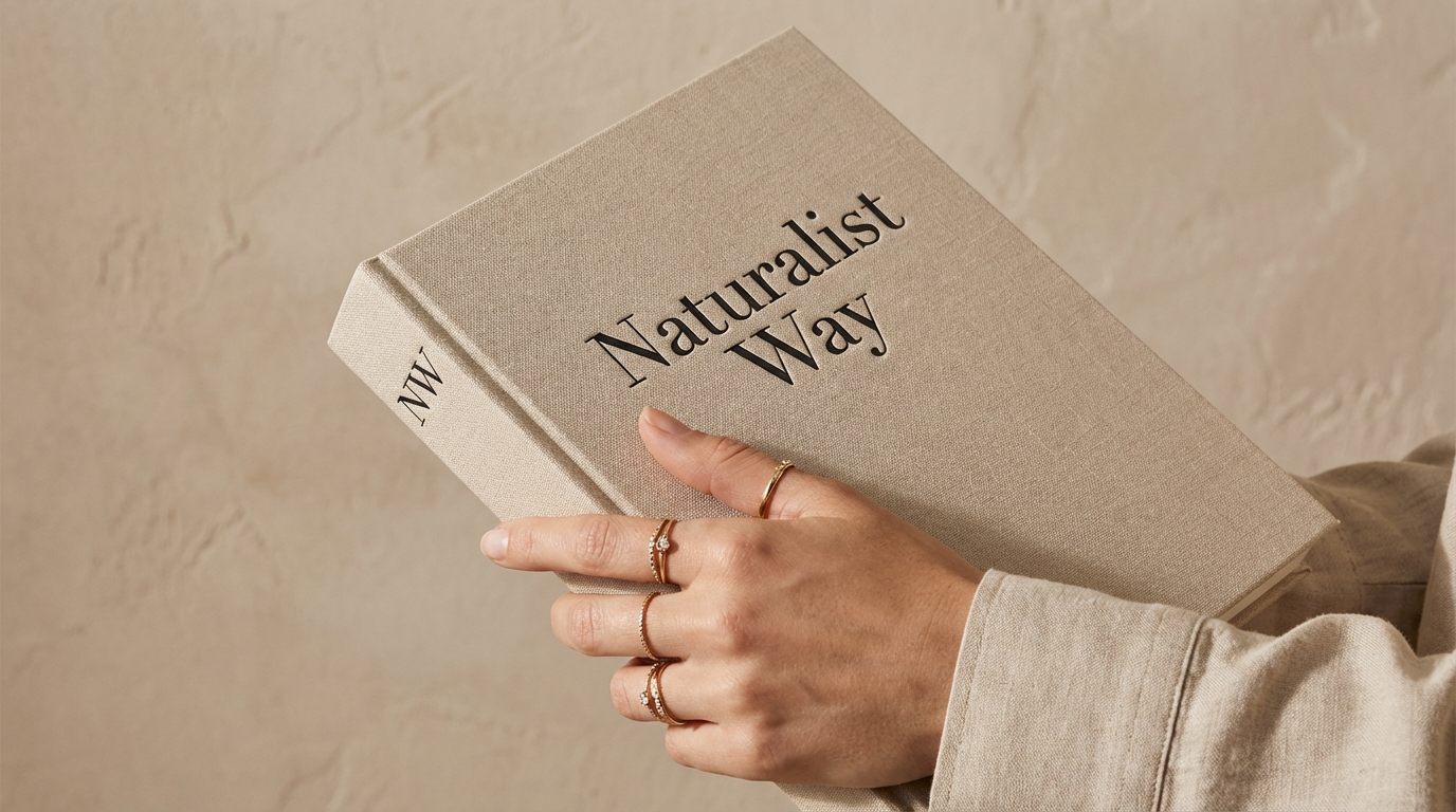 Linen bound Naturalist Way book held in hands, NW on spine.
