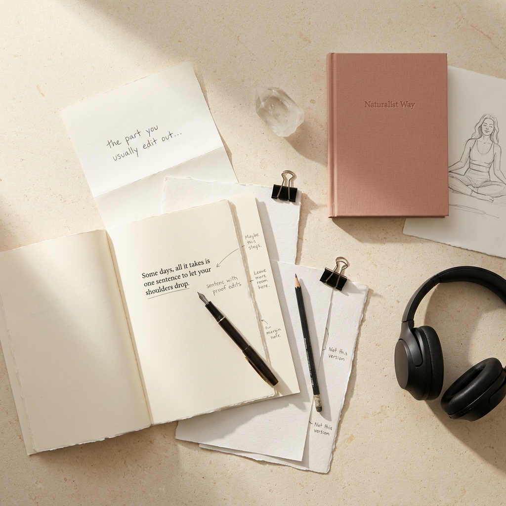 Naturalist Way journal with handwritten note cards, headphones for meditation collections, and an illustration of a seated figure