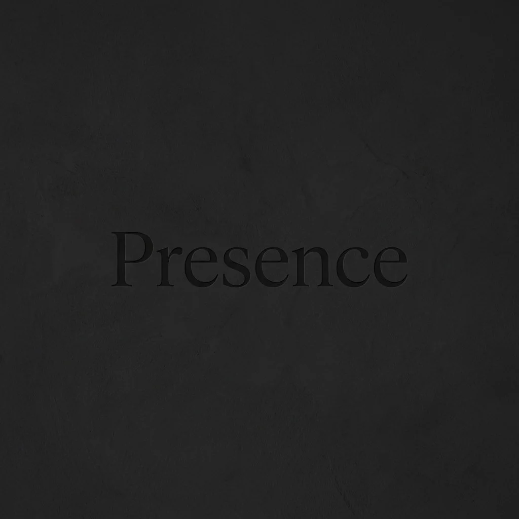 Presence text on a black textured background