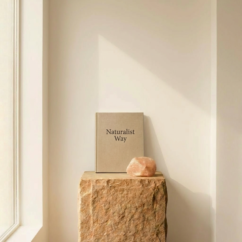 Naturalist Way linen book on stone pedestal with crystal in soft natural light