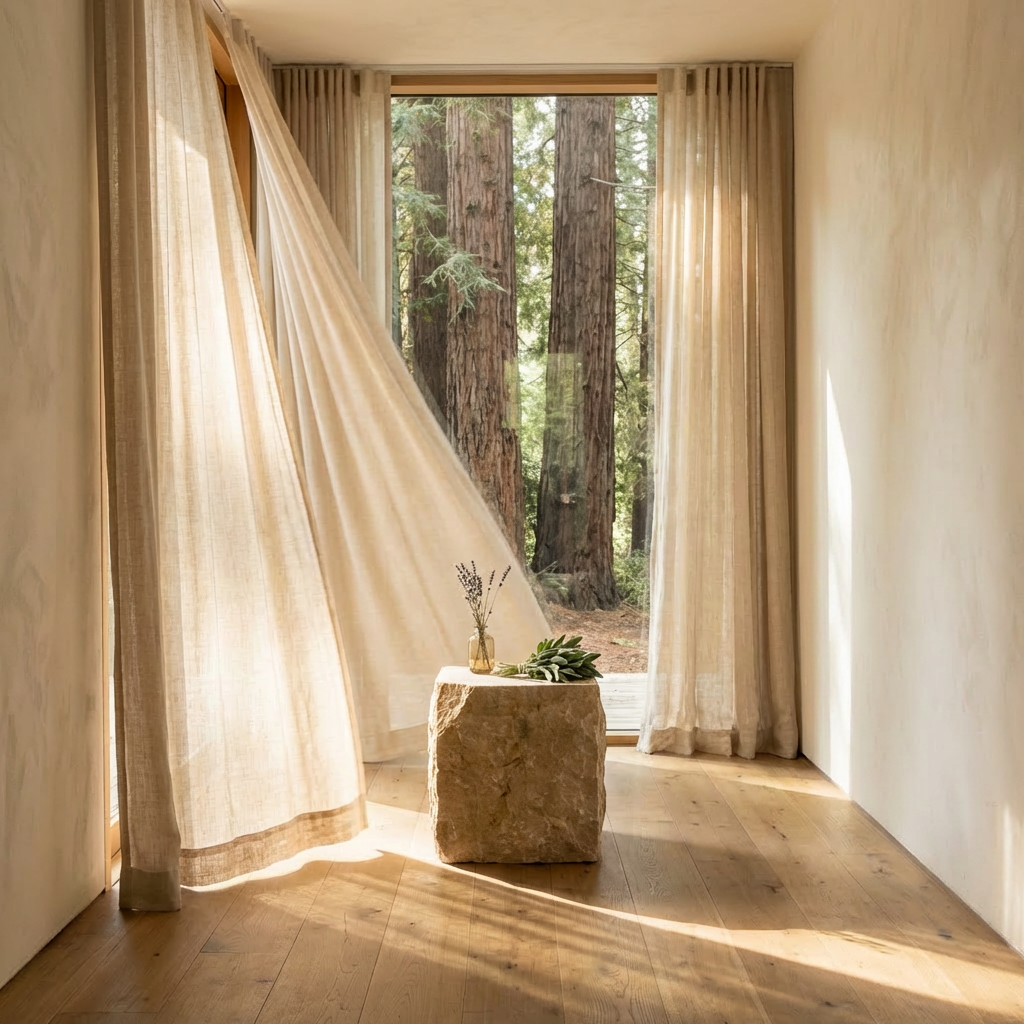 Sunlit room with flowing linen curtains, a stone pedestal, and redwoods beyond the window, evoking a quiet return to earth