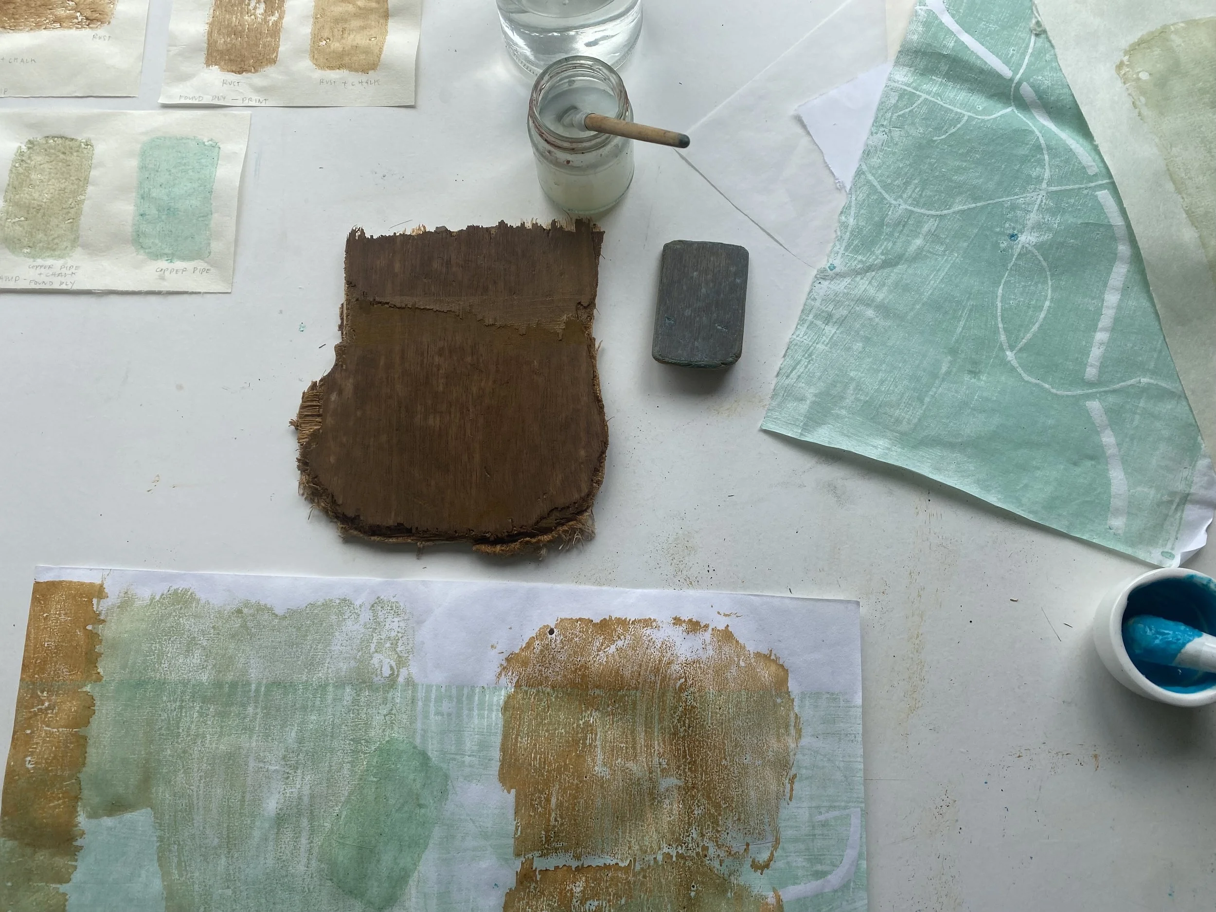 February 2025. Plywood printing. Copper + Rust with found beach plywood.