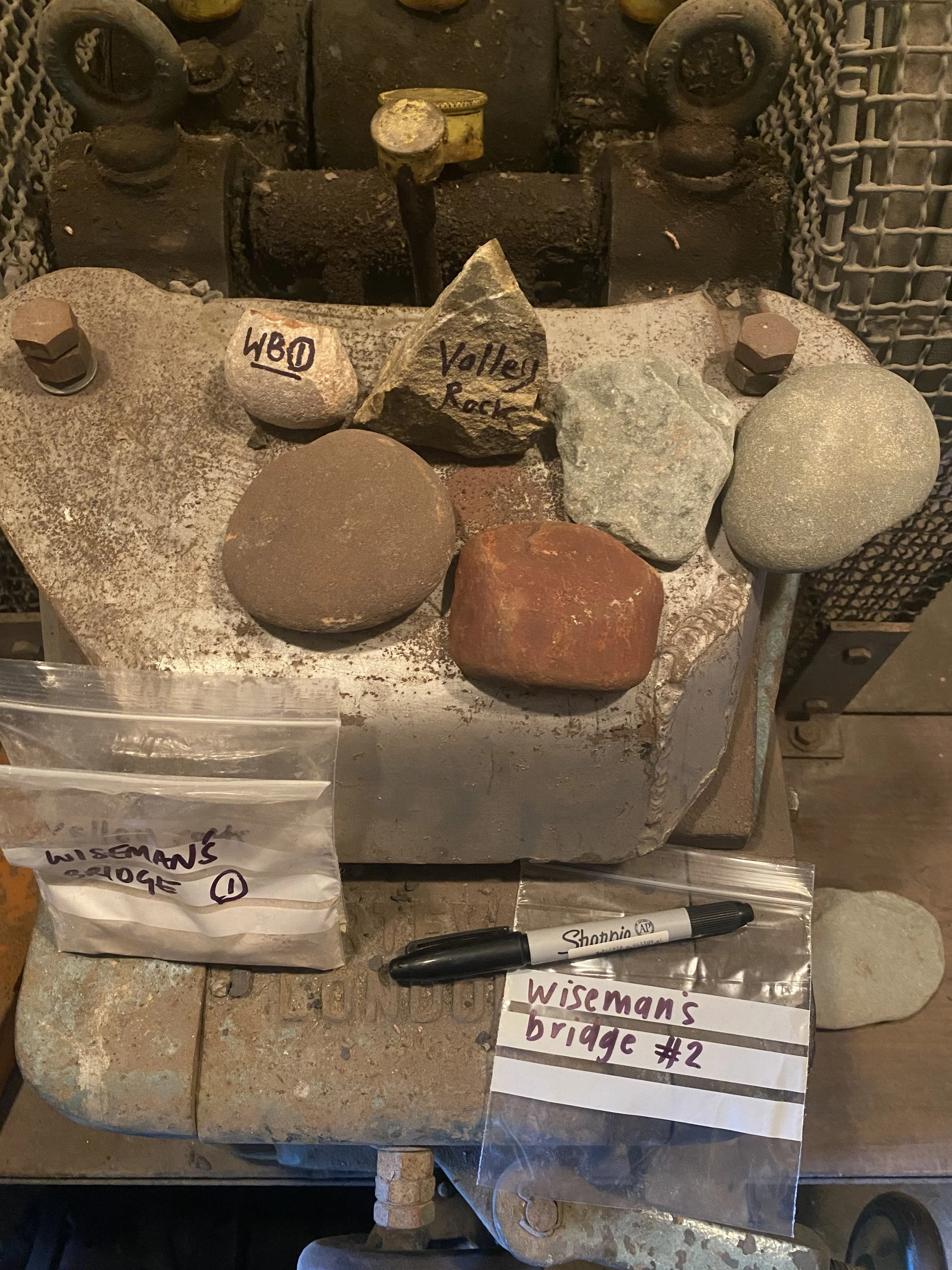 Grinding and organising found Pembrokeshire earth pigments for biochemical analysis. Aberystwyth University Earth Sciences Department.  