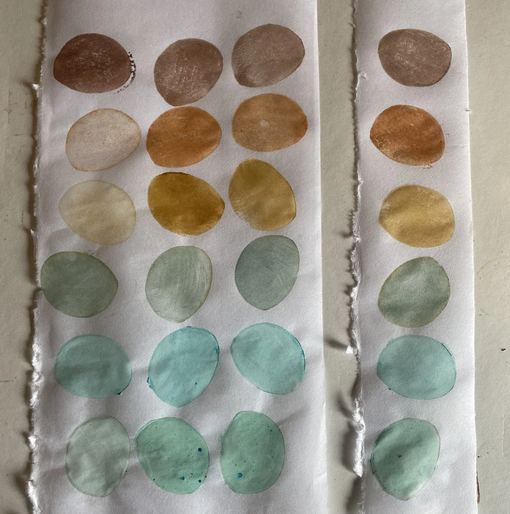 Colour palette: Copper, rust, found brick and Pembrokeshire pigment plywood printing stamps. 