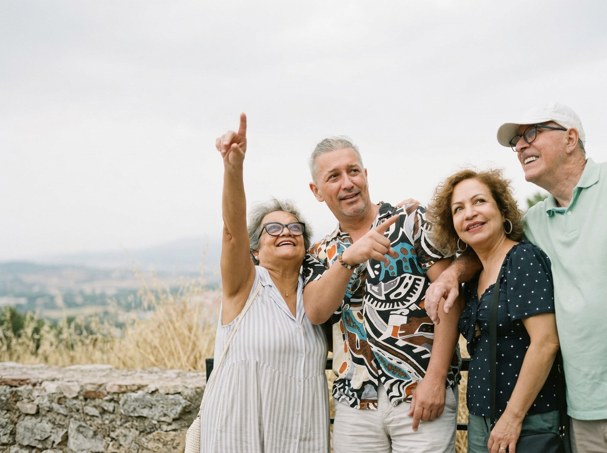 Four happy older adults, three women and one man, enjoying an outdoor moment together, smiling and laughing, with a scenic countryside background.