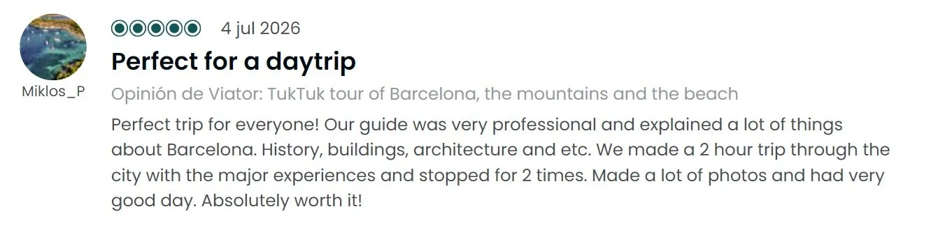 Screenshot of a travel review titled "Perfect for a day trip" about a Tuk Tuk tour in Barcelona, with the user's name Miklos_P, dated July 4, 2026.