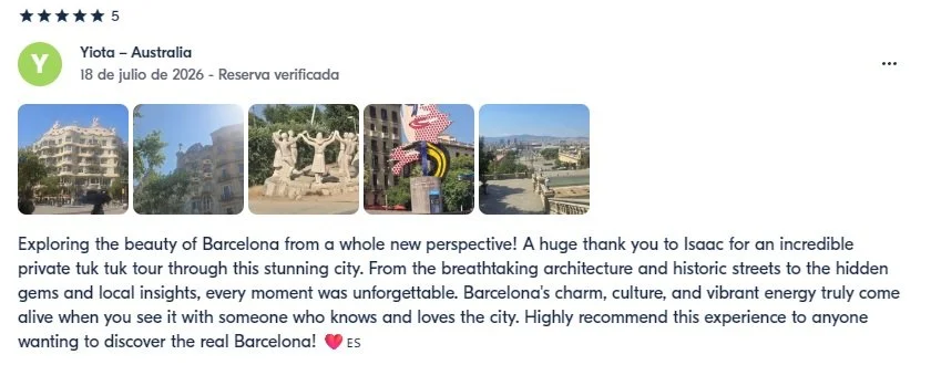 Five photos of Barcelona, Spain, include architecture, a sculpture, artwork, and city views, with a travel review praising the city's charm