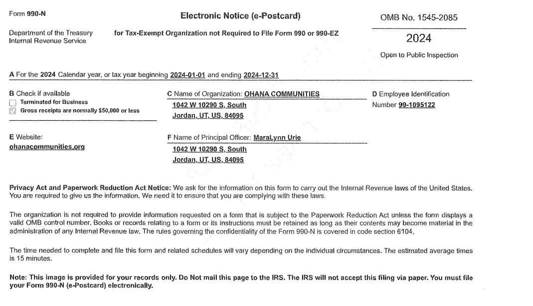 A 2024 electronic notice from the IRS for a tax-exempt organization named OHANA COMMUNITIES, providing organization details, including address, principal officer, and website, with instructions regarding filing and privacy.