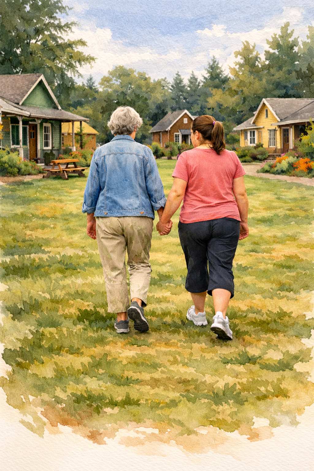 Two women walking hand in hand on a grassy path in a residential neighborhood with colorful houses surrounded by trees.