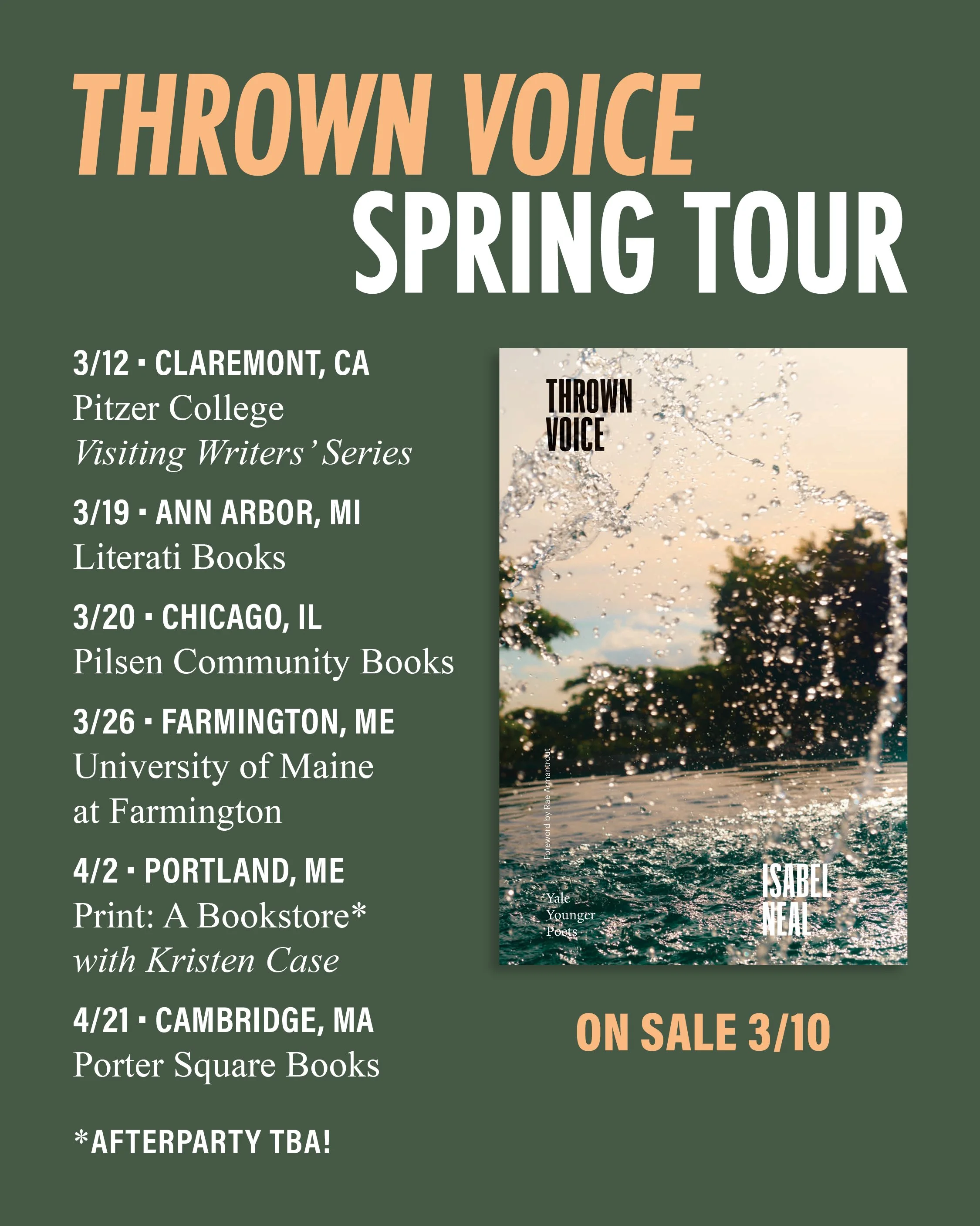 Event poster for the Thrown Voice Spring Tour, featuring dates and locations from March 12 in Claremont, CA to April 21 in Cambridge, MA, with a book cover image showing water splashing and trees in the background.