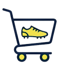 A shopping cart with a yellow sneaker inside.