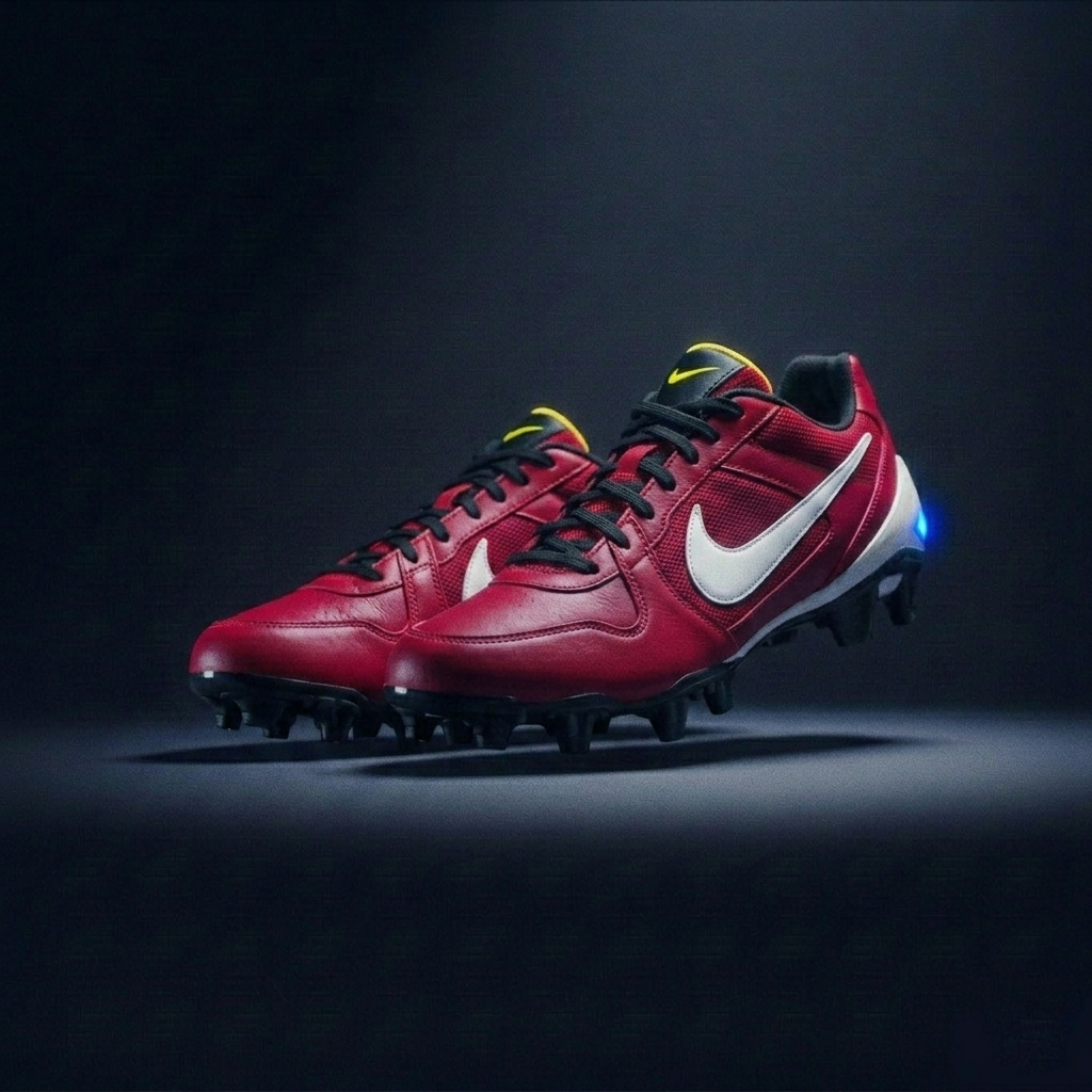 A pair of red Nike softball cleats with white swoosh logos and black laces, featuring a small blue light on the heel, displayed against a dark background.