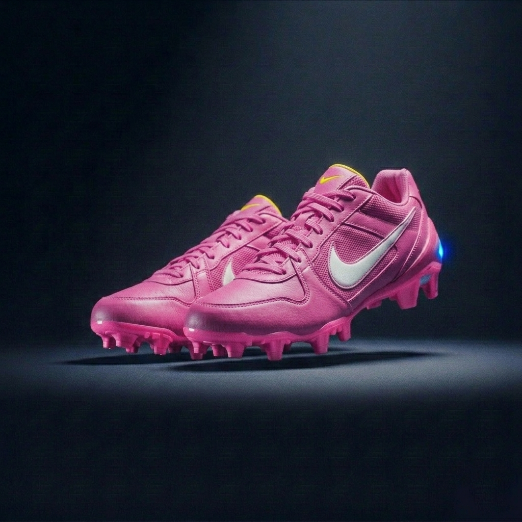 Pair of pink Nike lacrosse cleats with white swoosh logo on a dark background.