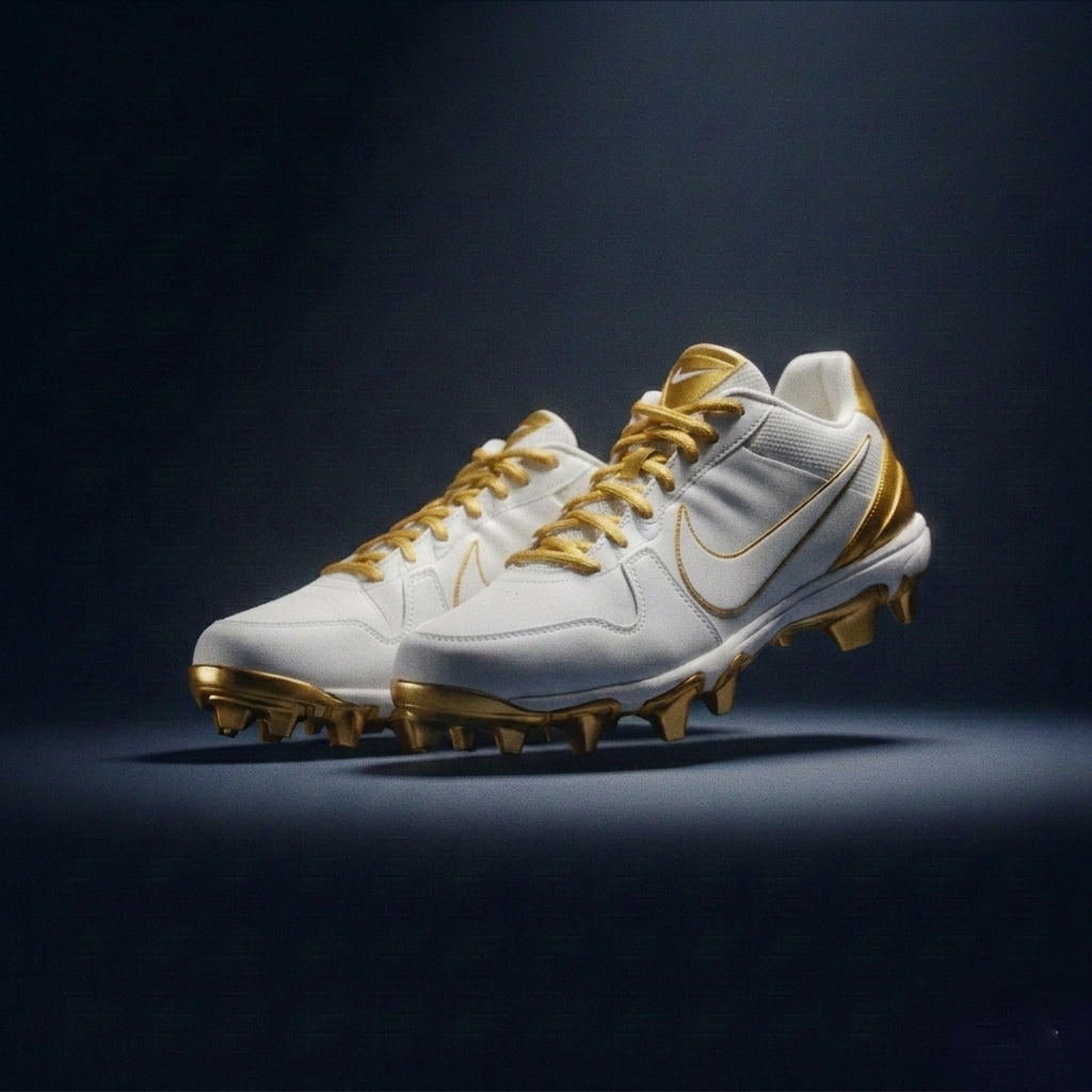 White and gold Nike football cleats with a dark background.