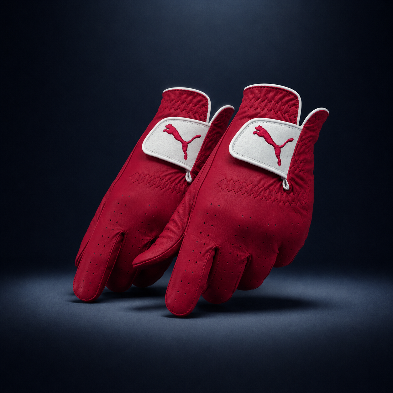 Pair of red Puma goalkeeper gloves with white logo patches, set against a dark background.