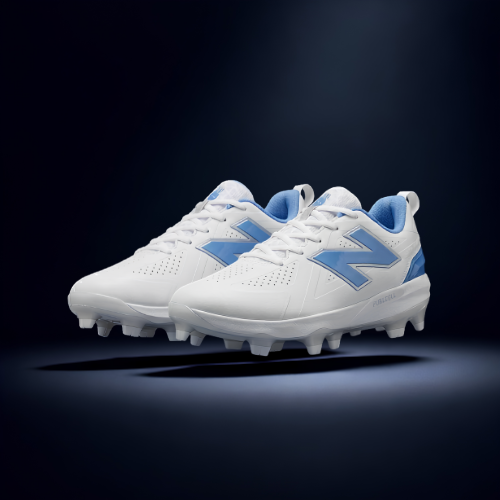 A pair of white and blue New Balance athletic shoes on a dark background.