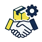 A handshake over a tablet with a gear icon and a cube in the background, symbolizing collaboration or partnership in technology.