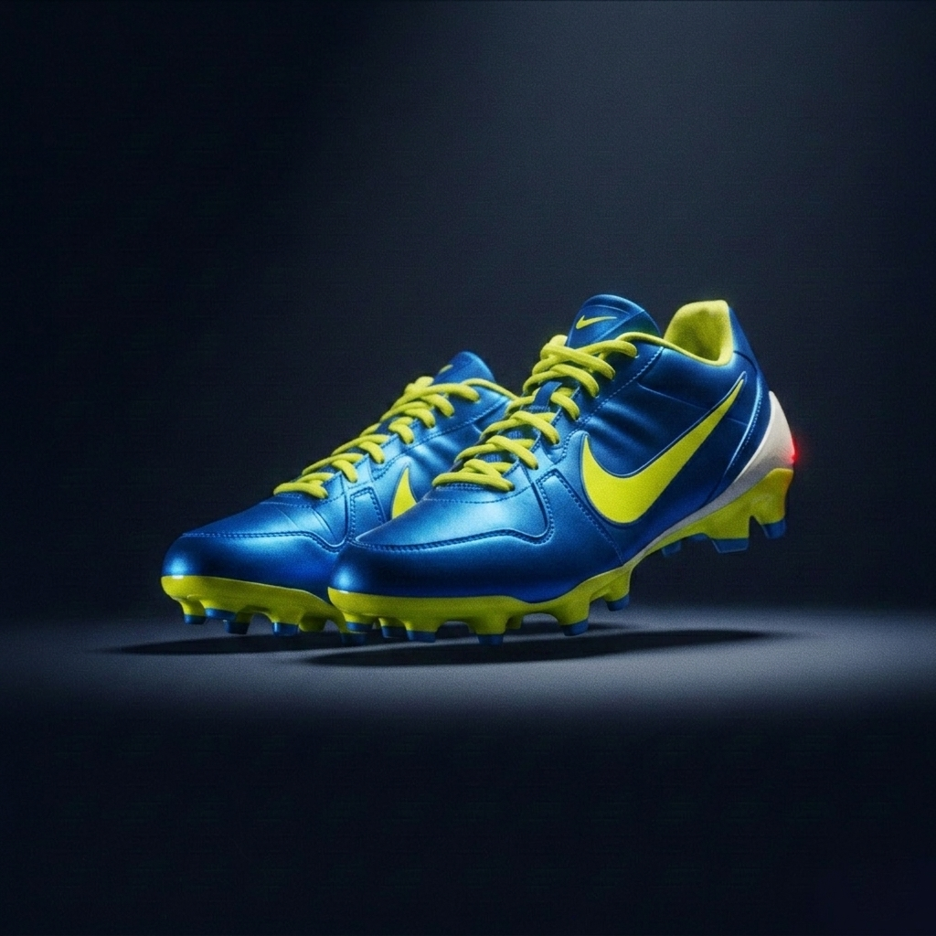 A pair of blue and yellow Nike soccer cleats with yellow laces, displayed on a dark background.