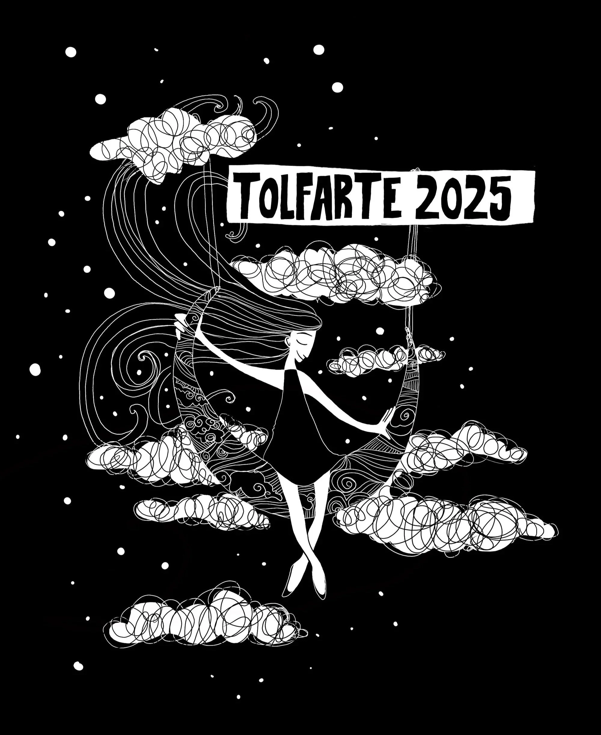 Illustrazione in bianco e nero di una donna con ali di uccello che vola nello spazio, circondata da nuvole di linee e punti, con un cartello con scritto 'TOLFASTE 2025'.