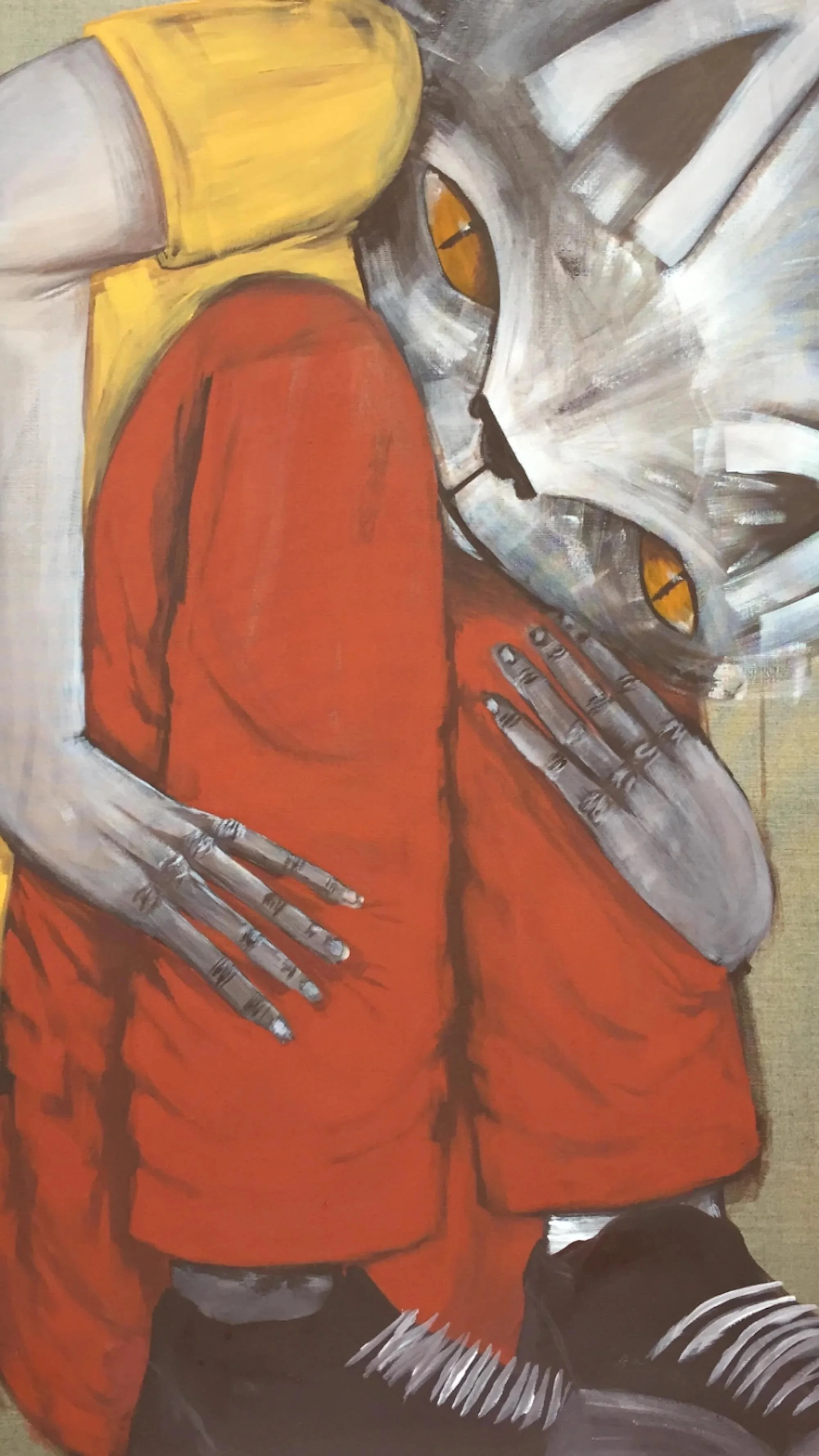 Kunstwerk eine eines Thiago Goms Katzen-Mensches in orange Kleidung in einem expressiven Malstil.