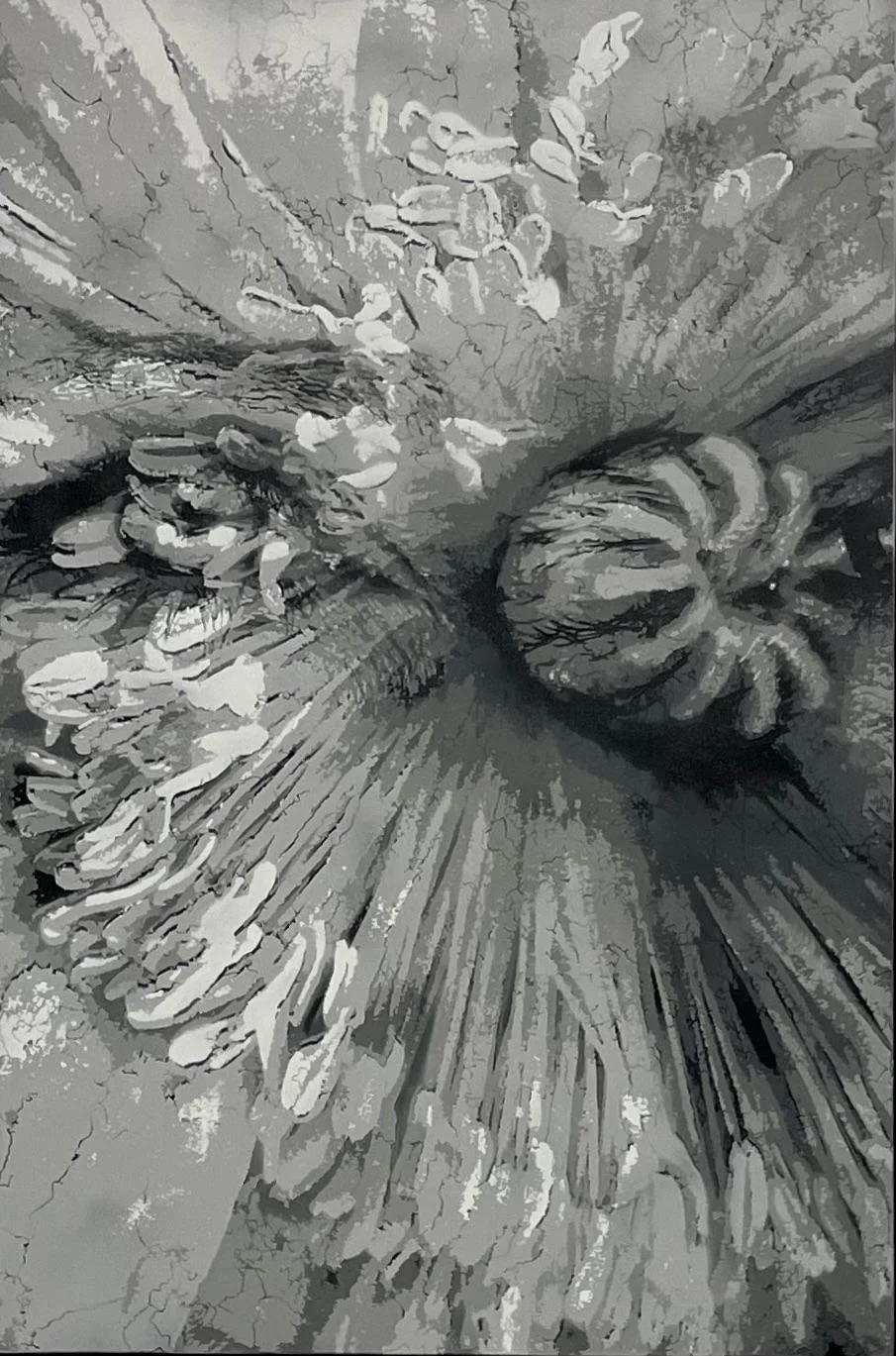 Schwarz-weiß zeichnung eines menschlichen Gesichts mit einer Hand, umgeben von Zahlen und Punkten.