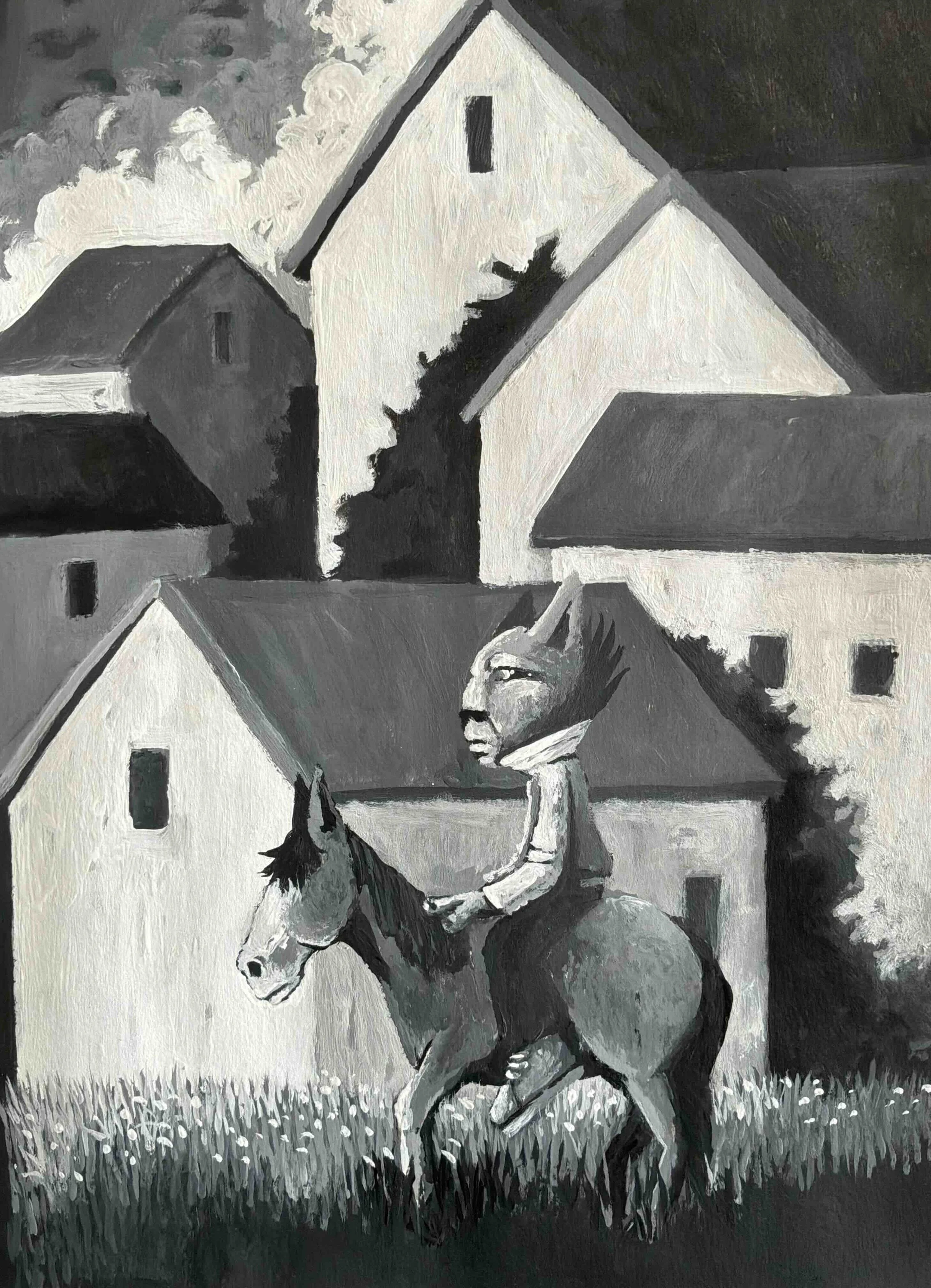 Schwarz-Weiß-Gemälde eines Menschen mit einem Katzenkopf, der auf einem Pferd reitet, vor einer Reihe von Häusern und Bäumen.