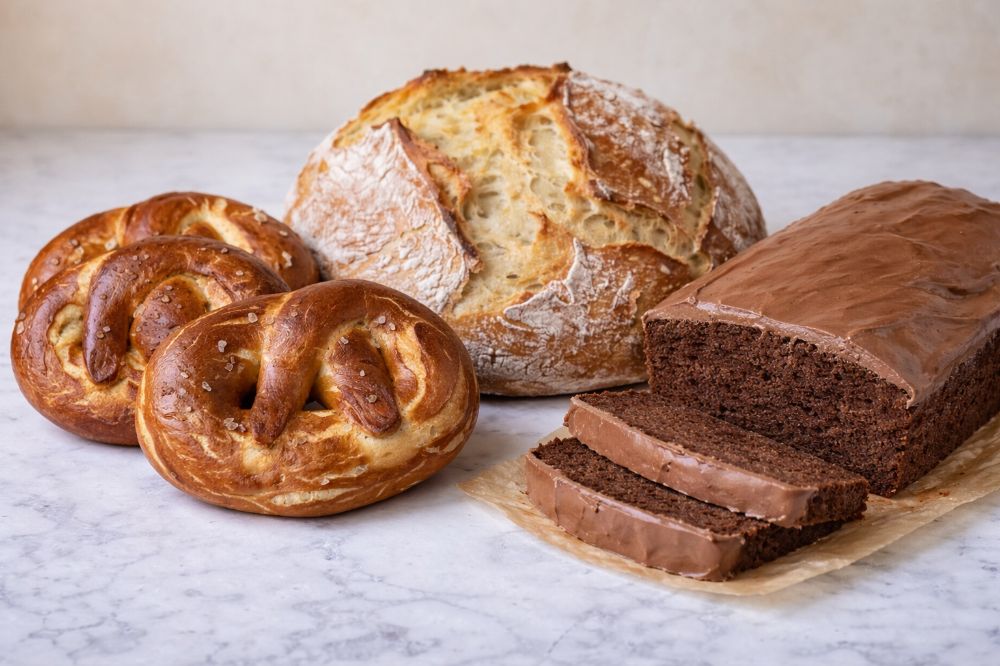 A loaf of chocolate cake and three pretzels on a marble surface in front of a rustic background