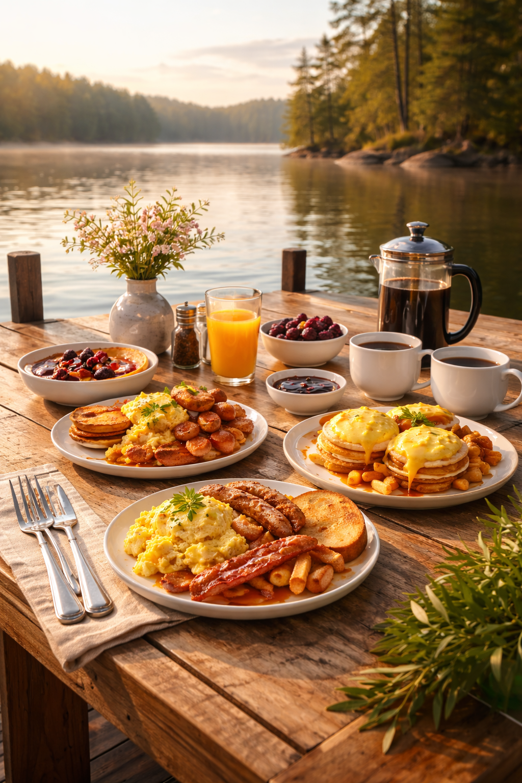 A rustic outdoor breakfast spread on a wooden table overlooking a lake with trees in the background. The meal includes eggs Benedict, hash browns, sausage, bacon, pancakes, fruit, coffee, orange juice, and syrup, with a vase of flowers and condiments nearby.