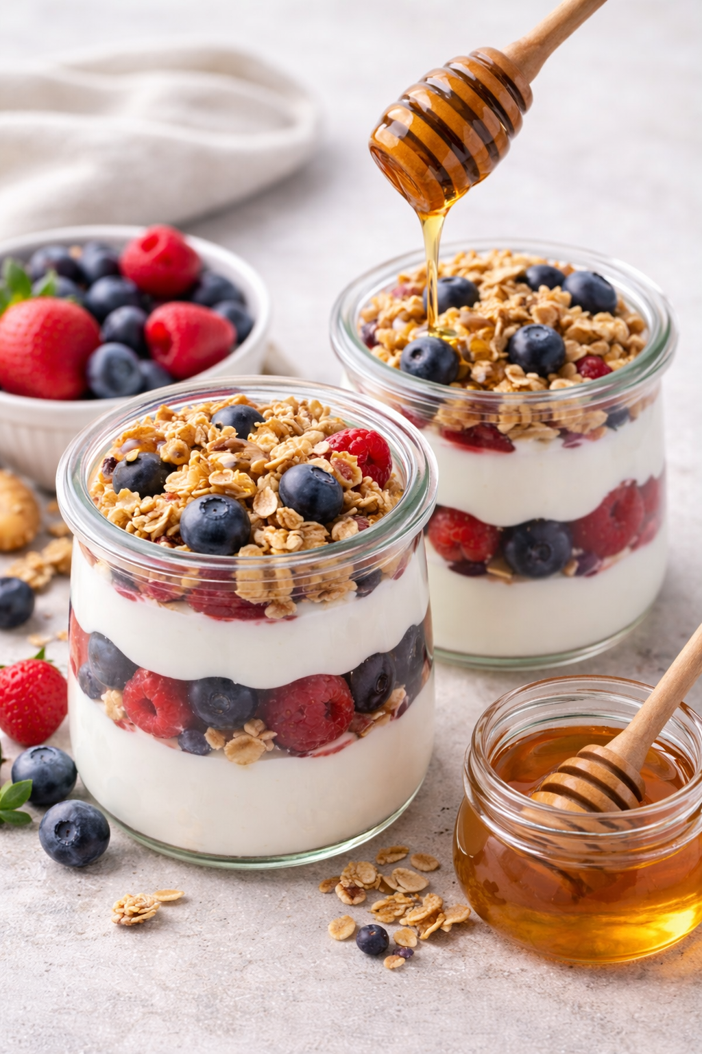 Greek Yogurt Berry Crunch Parfait with Honey Drizzle