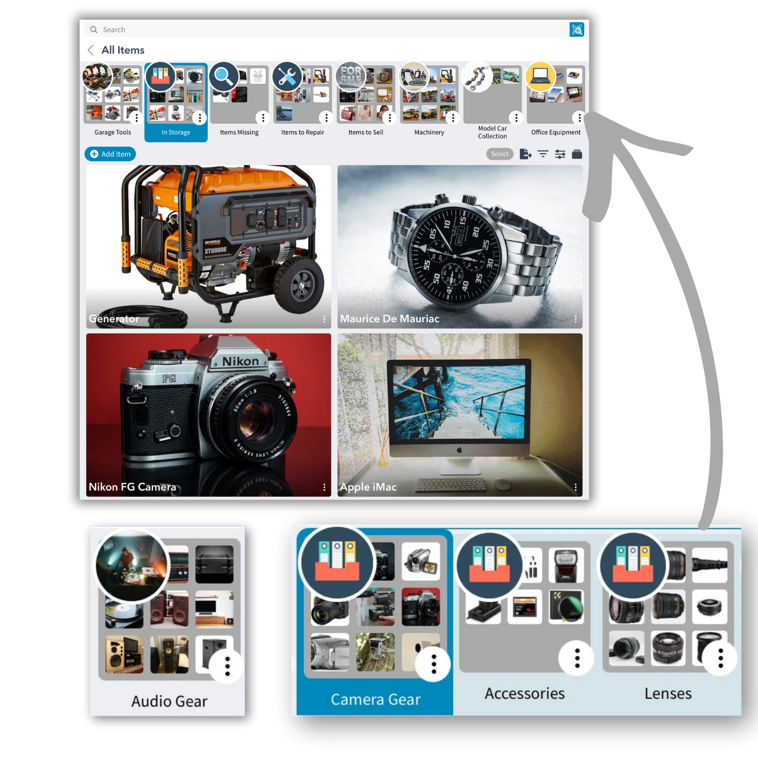 Mobile app screen showing a virtual household inventory with categories like Items, Services, Family. The Items tab displays pictures of a coffee maker, family car, kitchen stove, living room couch, camera with lens, and a bicycle. Details of a blue Volvo XC90 family car are on another screen, including its category, make, model, year, and linked space named Our House.