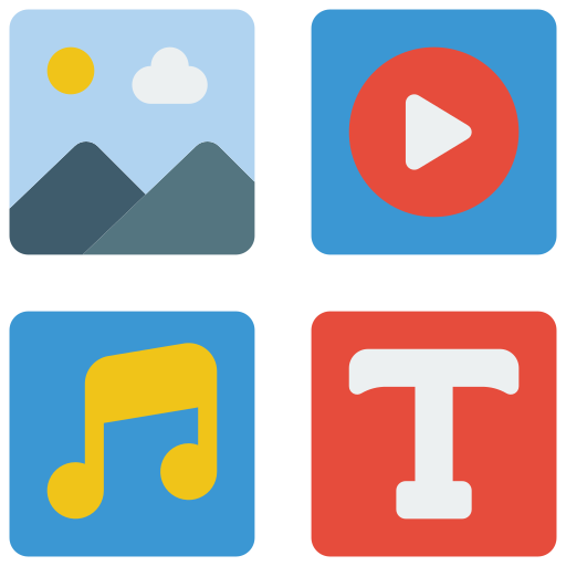 Four icons: a mountain landscape with sun and clouds, a red play button, a yellow musical note, and a red 'T' text icon.
