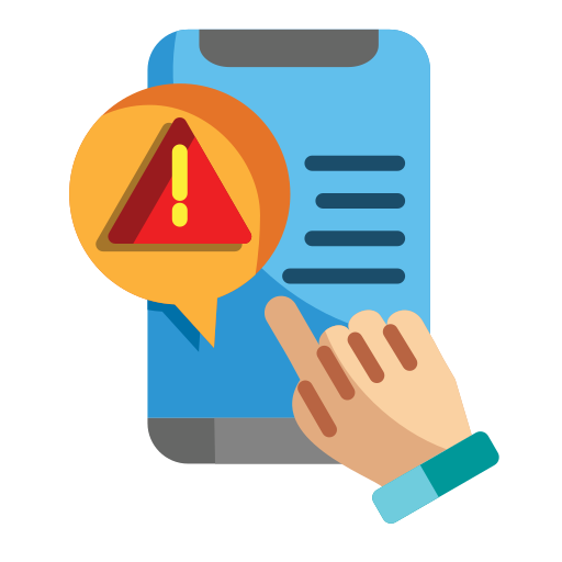 A person using a smartphone with a warning alert symbol on the screen.