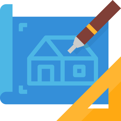 Icon of a house sketch with a pen pointing at it, representing house design or construction plans.
