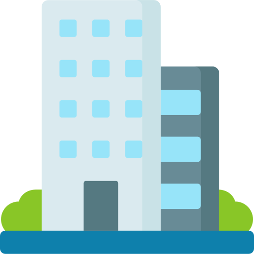 Illustration of a tall, white office building with many windows, adjacent to a shorter, dark gray building, surrounded by green bushes and a blue street.