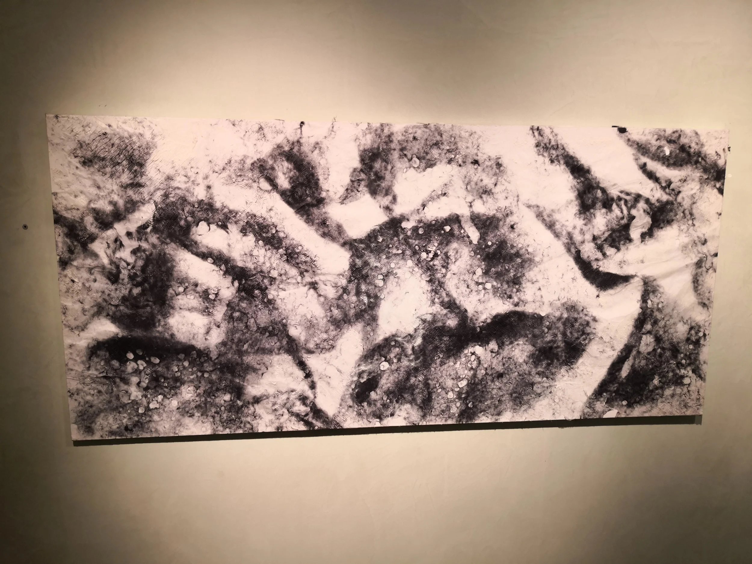 Un'opera d'arte astratta in bianco e nero su una parete