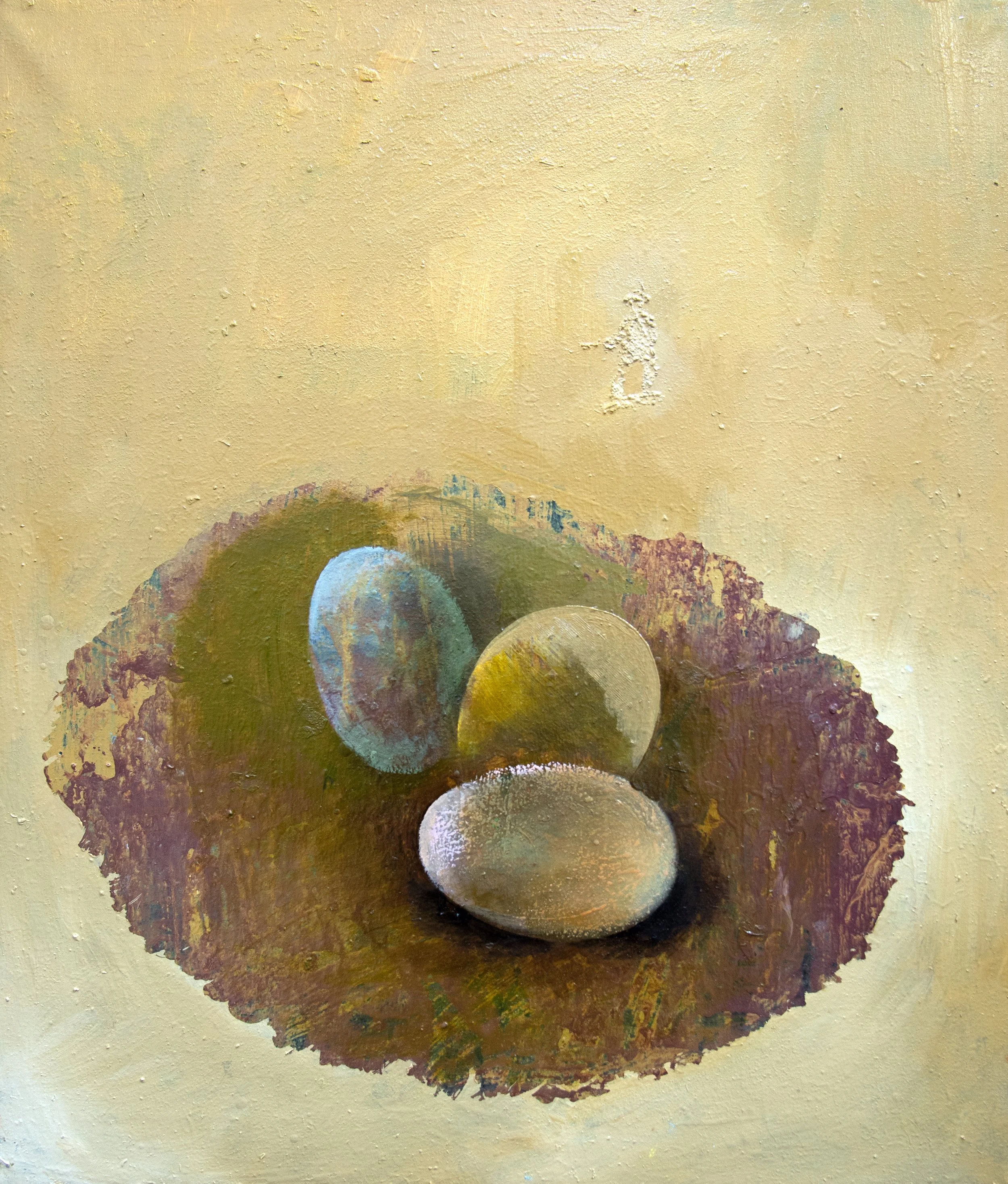 dipinto raffigurante tre uova in un nido di ramo