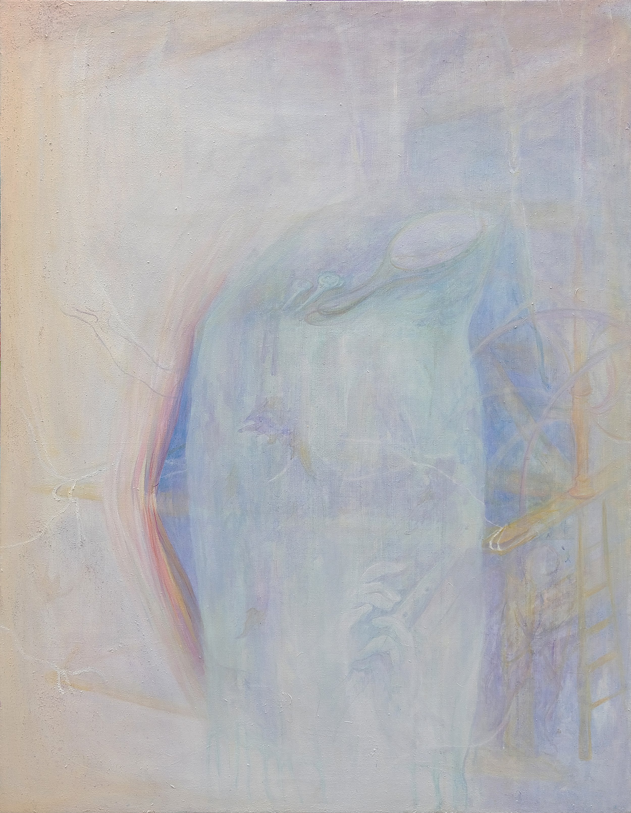 Dipinto astratto con tonalità pastello e linee leggere e sfocate.