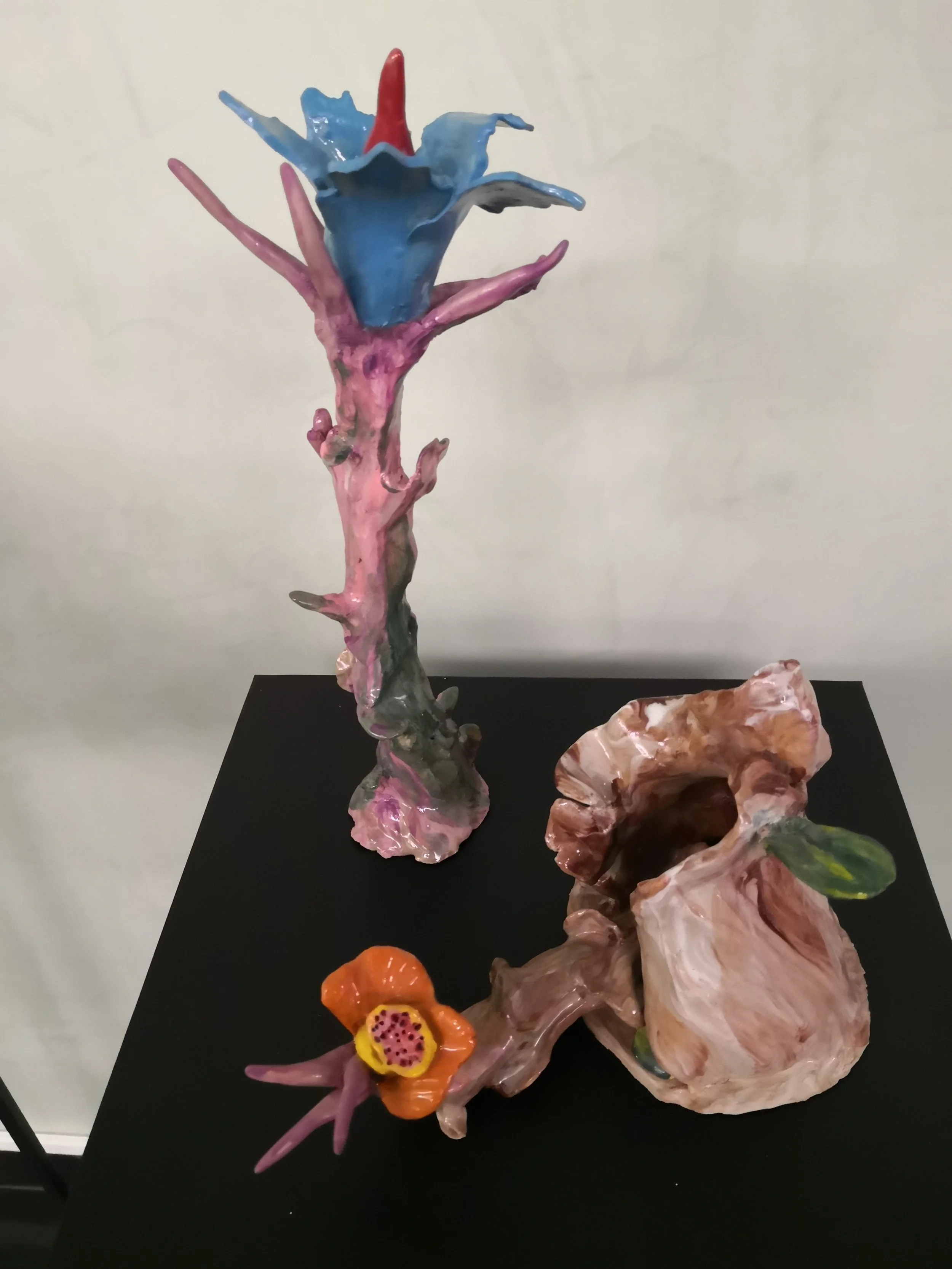 Sculture artistiche di fiori e piante colorati e astratti su un supporto nero.