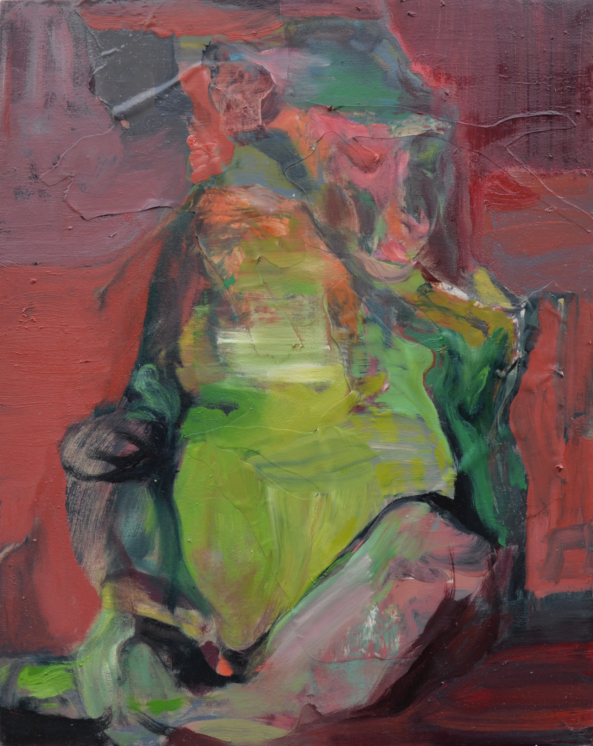 Dipinto astratto che rappresenta due figure umane, uno in posizione seduta e l'altro con la testa appoggiata sulla prima, con colori vivaci come rosso, verde e rosa.