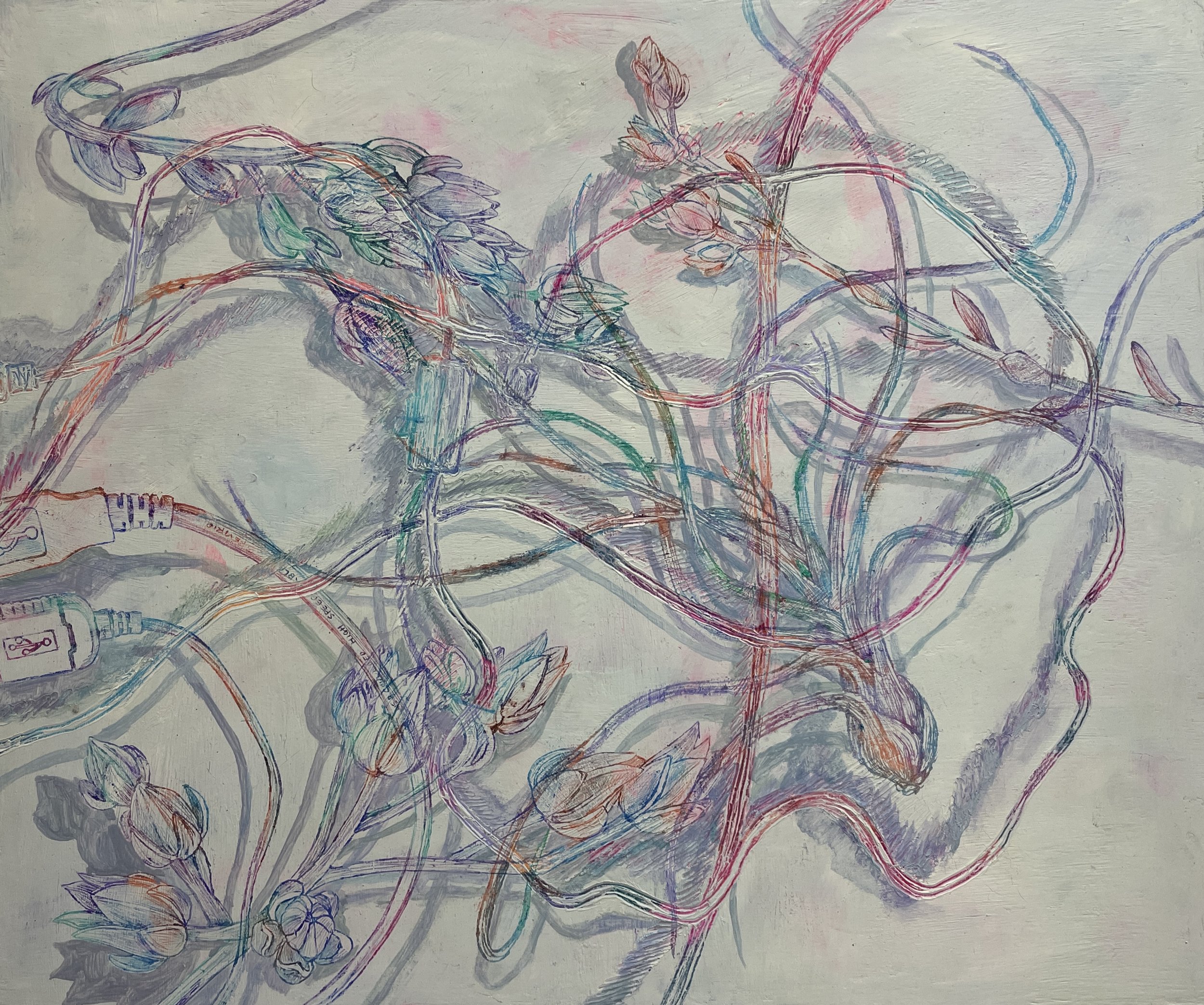 Disegno artistico di fili elettrici e connettori che si intrecciano con fiori e foglie stilizzate, con linee colorate su sfondo chiaro.