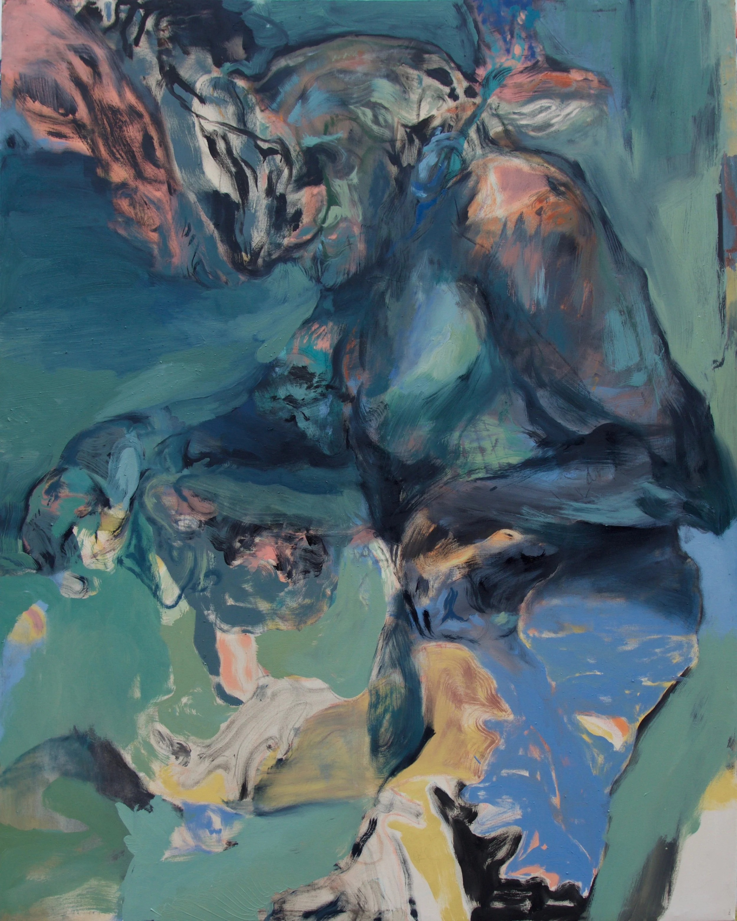 Ritratto astratto di un gatto seduto, dipinto con pennellate di colori vivaci come blu, rosa, verde e giallo.